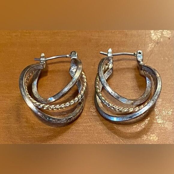 Two-Tone Triple Hoop Rope Twist Earrings Silver Gold Tone Latch Back Textured 1" - Picture 1 of 2